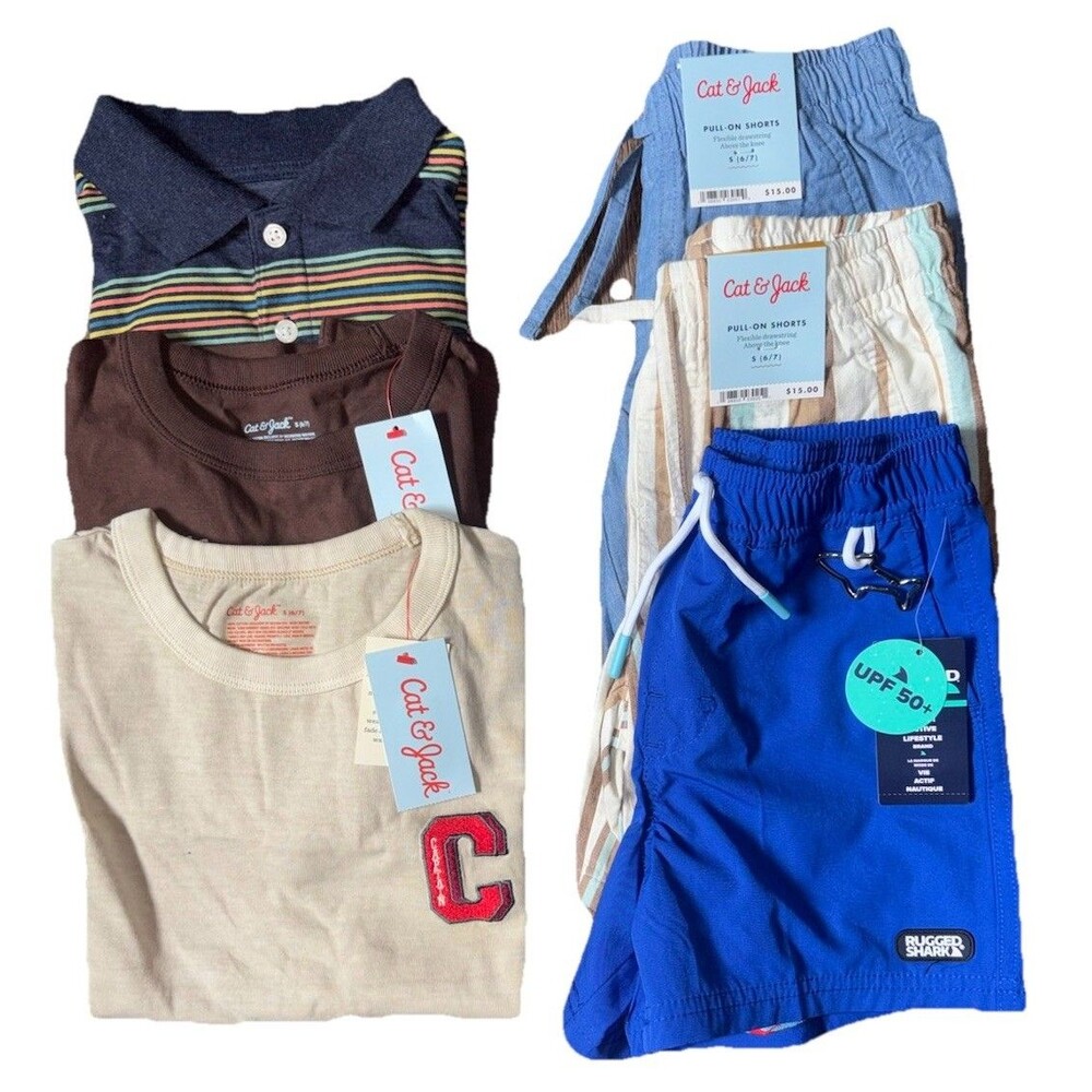 Cat & Jack + Rugged Shark Boy’s S (6/7) 6pc Tops, Shorts & Swim Trunks NWT